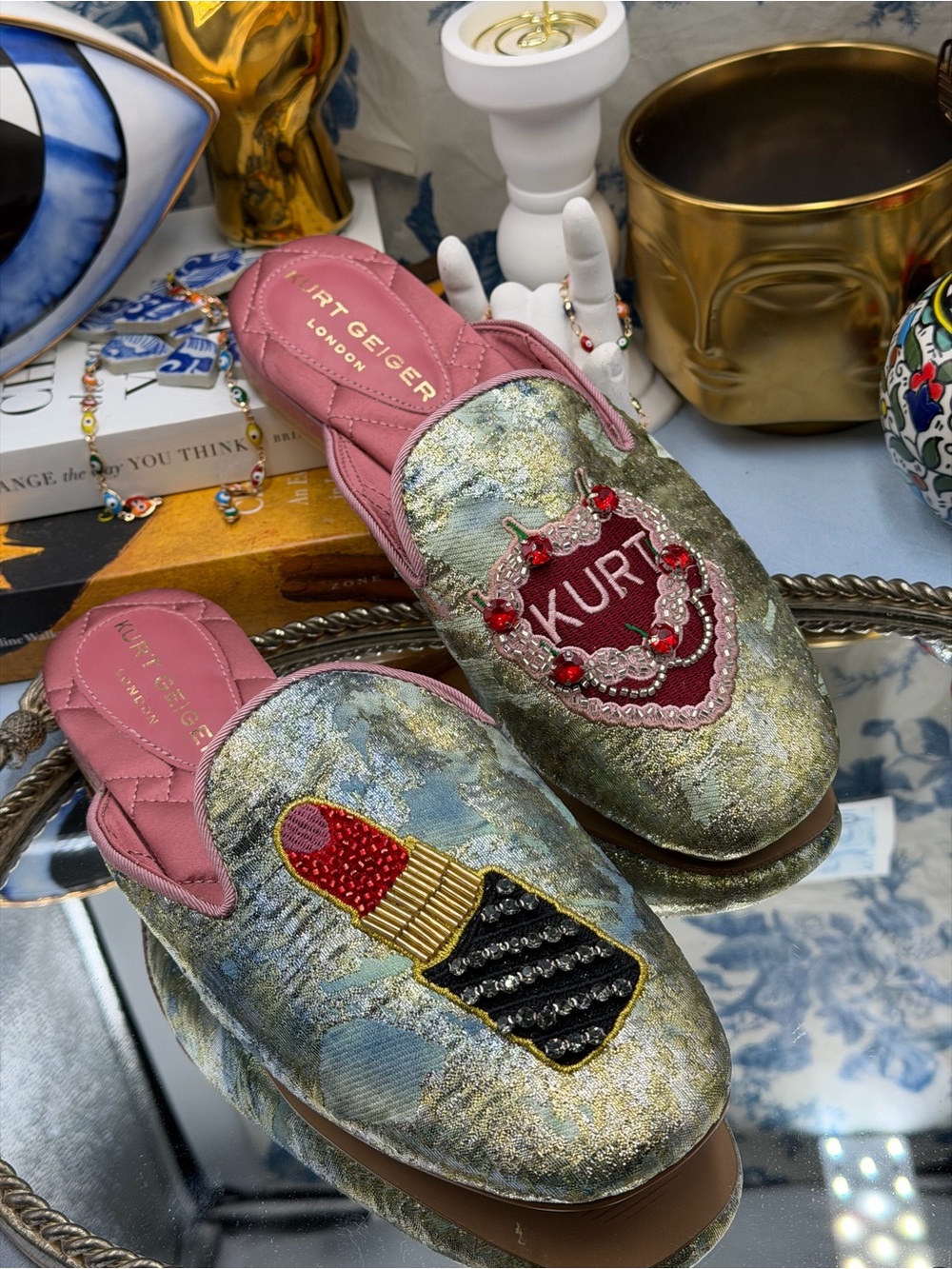 🆕 KURT GEIGER LONDON 🧿 NWOB Pink Embroidered Slipper Shoes - Sz 37 US 7 - Picture 8 of 16